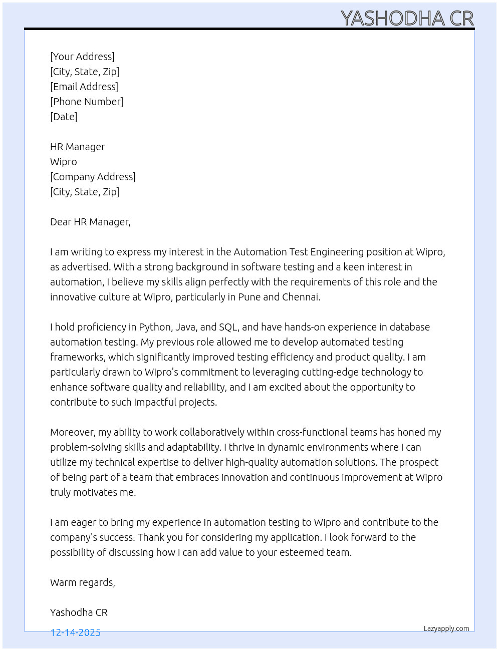 Cover letter for automation test engineering - LazyApply