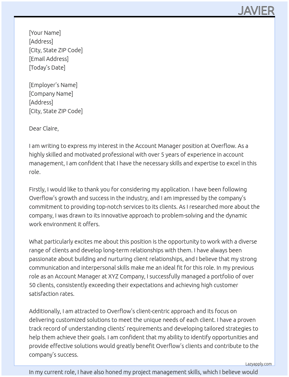 Account Manager At Overflow Cover Letter