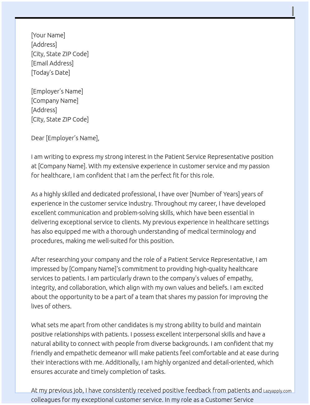 Patient service representative  At Company  Cover Letter