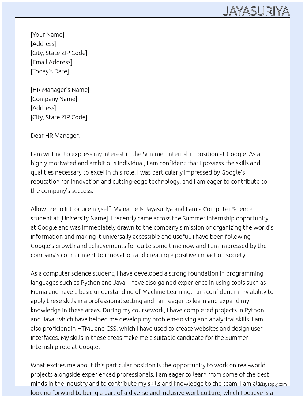 Summer internship  At Google  Cover Letter