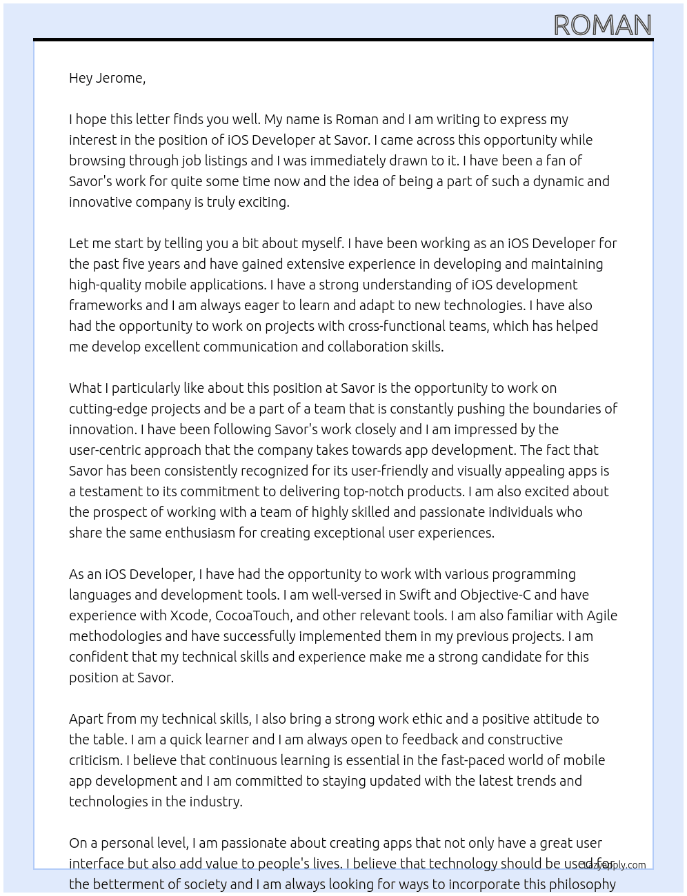 iOS Developer At Savor Cover Letter