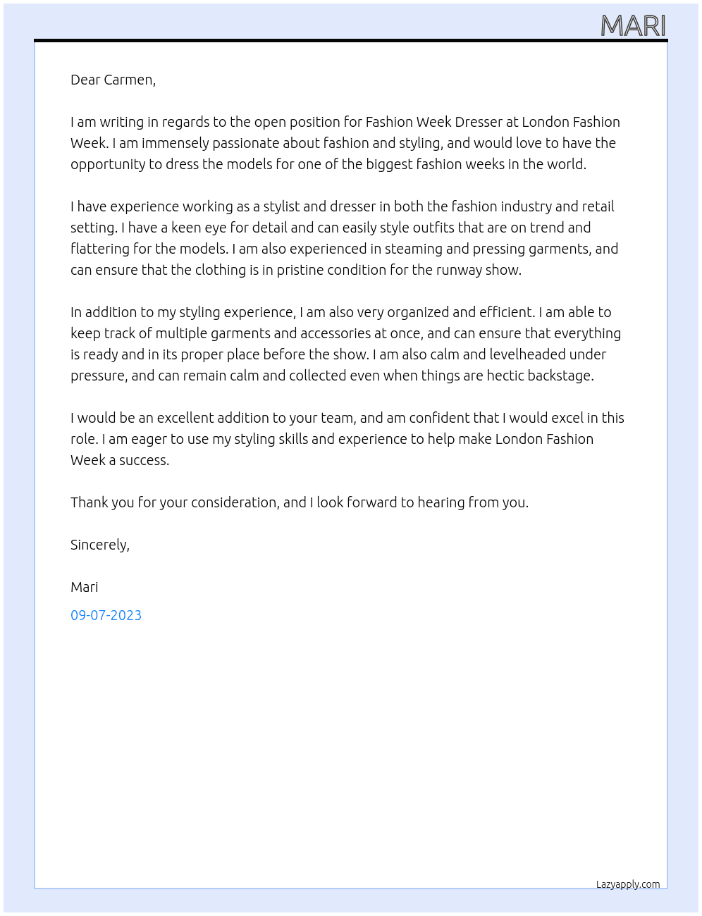 Fashion Week Dresser At London Fashion week Cover Letter