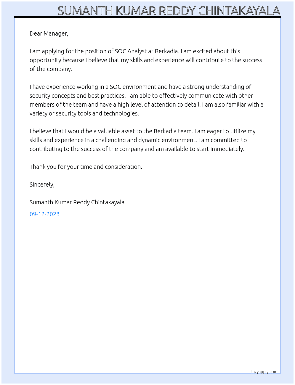 SOC Analyst At Berkadia Cover Letter
