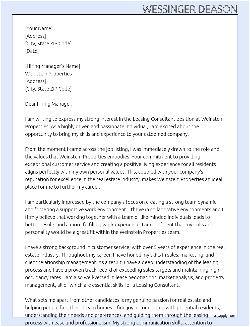 Leasing Consultant At Weinstein Properties Cover Letter