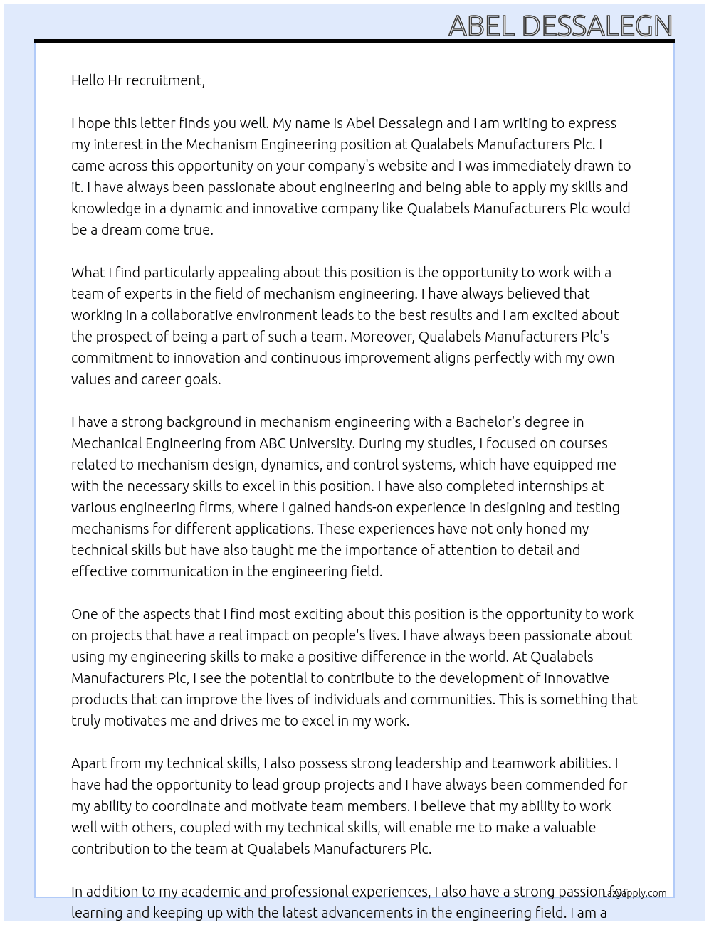 Mechanism engineering  At Qualabels manufacturers plc Cover Letter