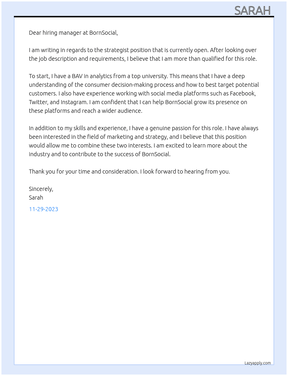 strategist At BornSocial Cover Letter