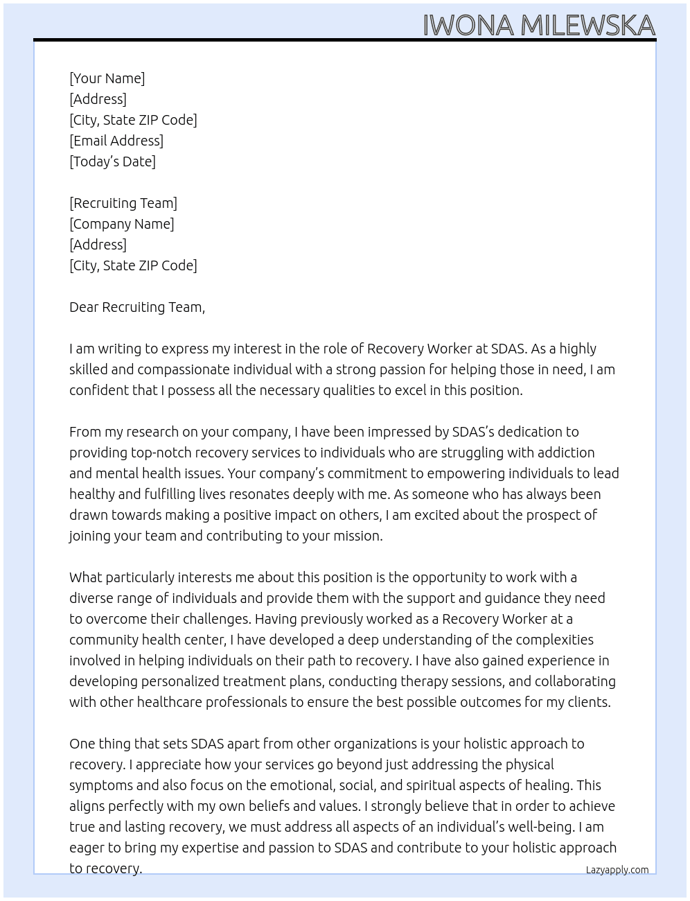 recovery worker At SDAS Cover Letter