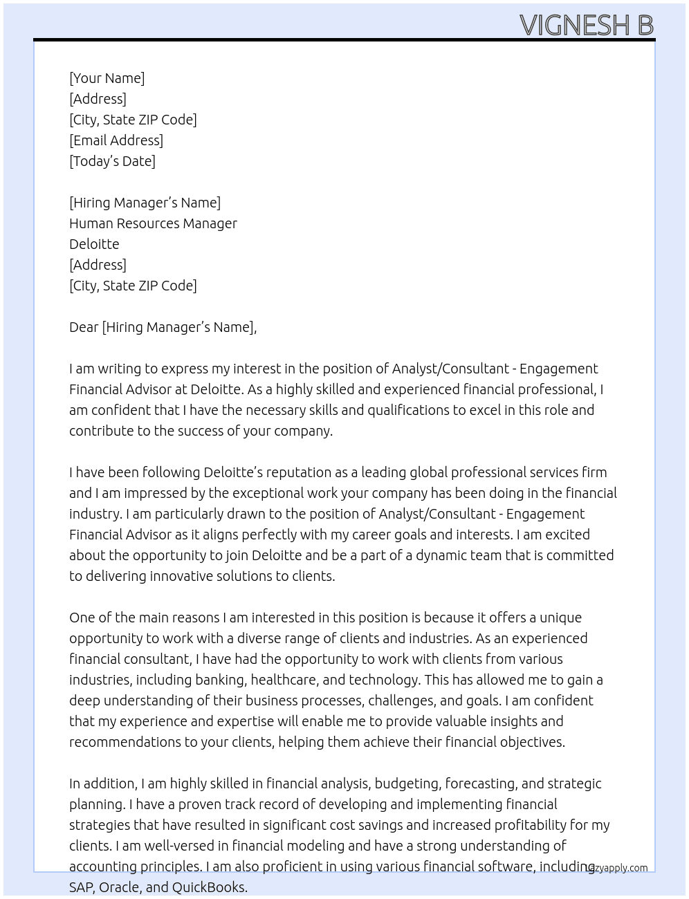 Cover letter for analyst/consultant - engagement financial advisor - LazyApply