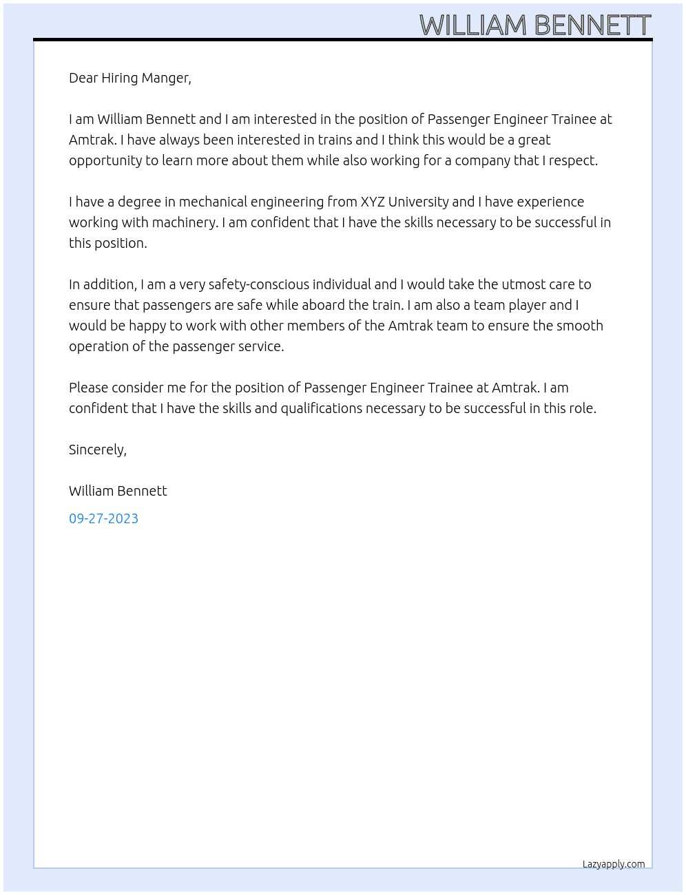 Passenger Engineer Trainee At Amtrak Cover Letter