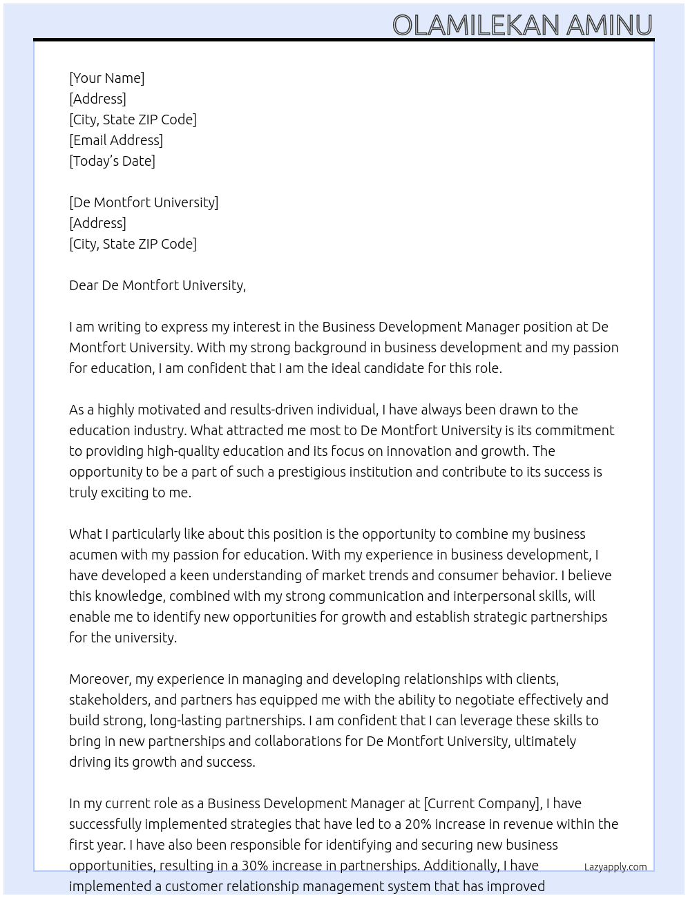BUSINESS DEVELOPMENT MANAGER At De Montfort University Cover Letter