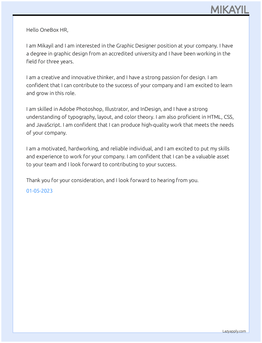 Graphic designer  At OneBox Cover Letter