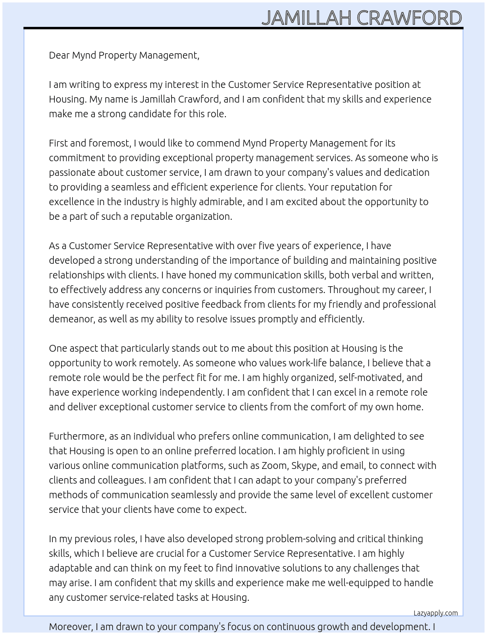 Customer service rep At Housing Cover Letter