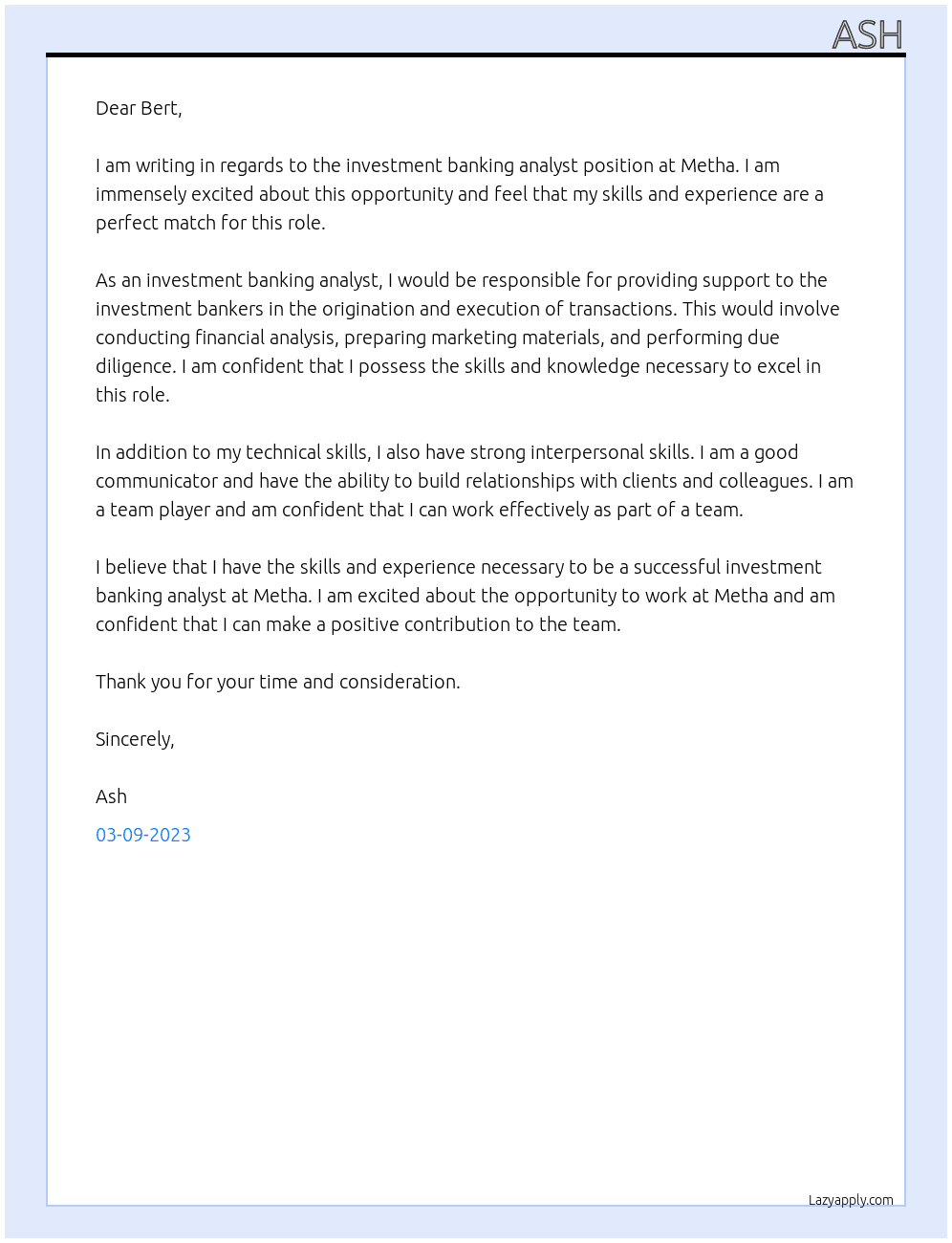investment banking analyst At Metha Cover Letter