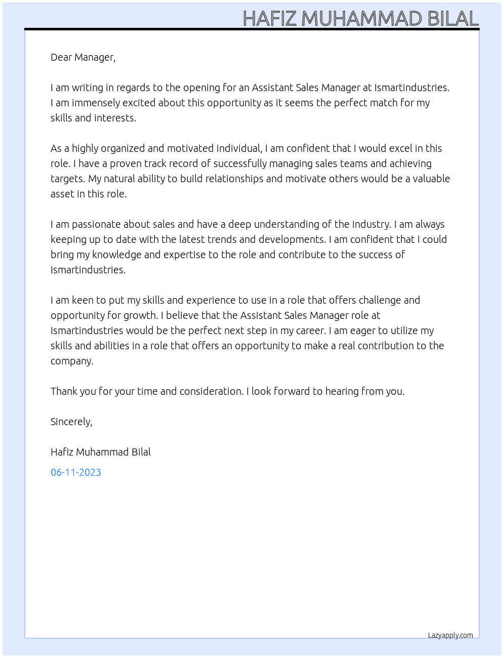 Assistant sales Manager  At Ismartindustories  Cover Letter