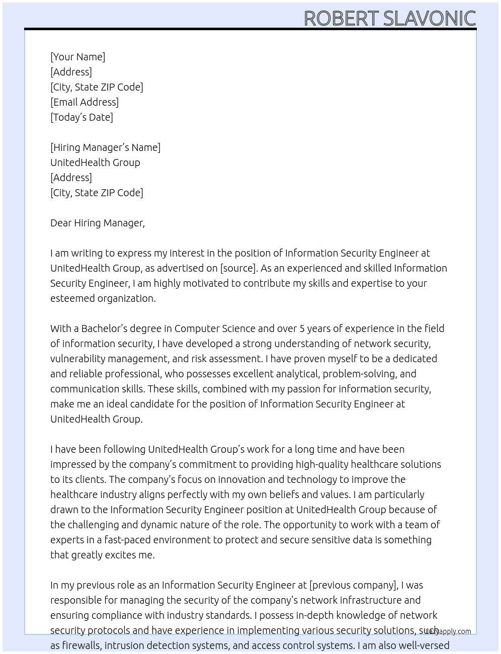 Information Security Engineer At UnitedHealth Group Cover Letter