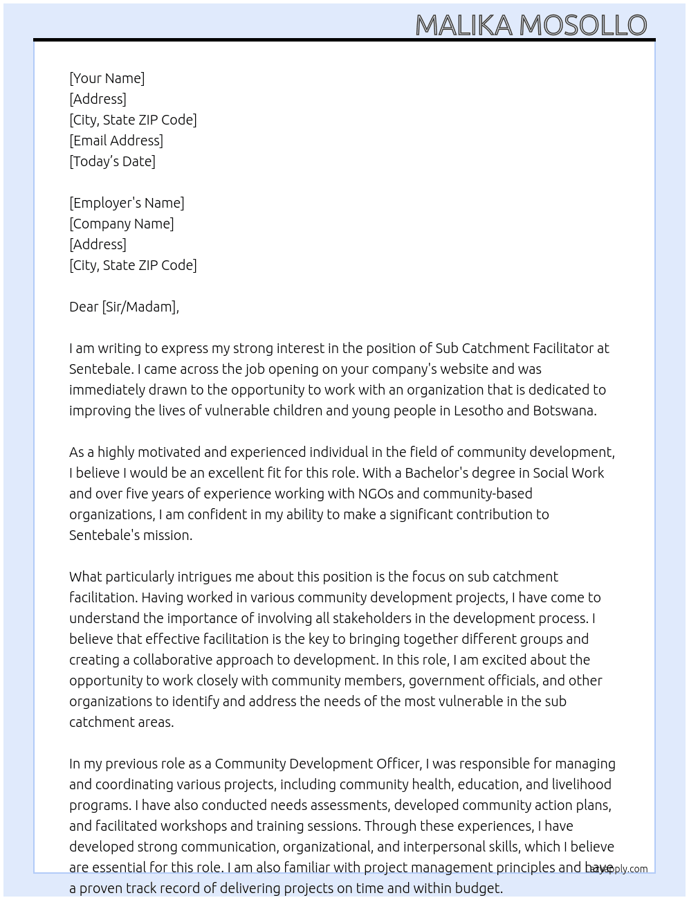 Sub catchment facilitator  At Sentebale  Cover Letter