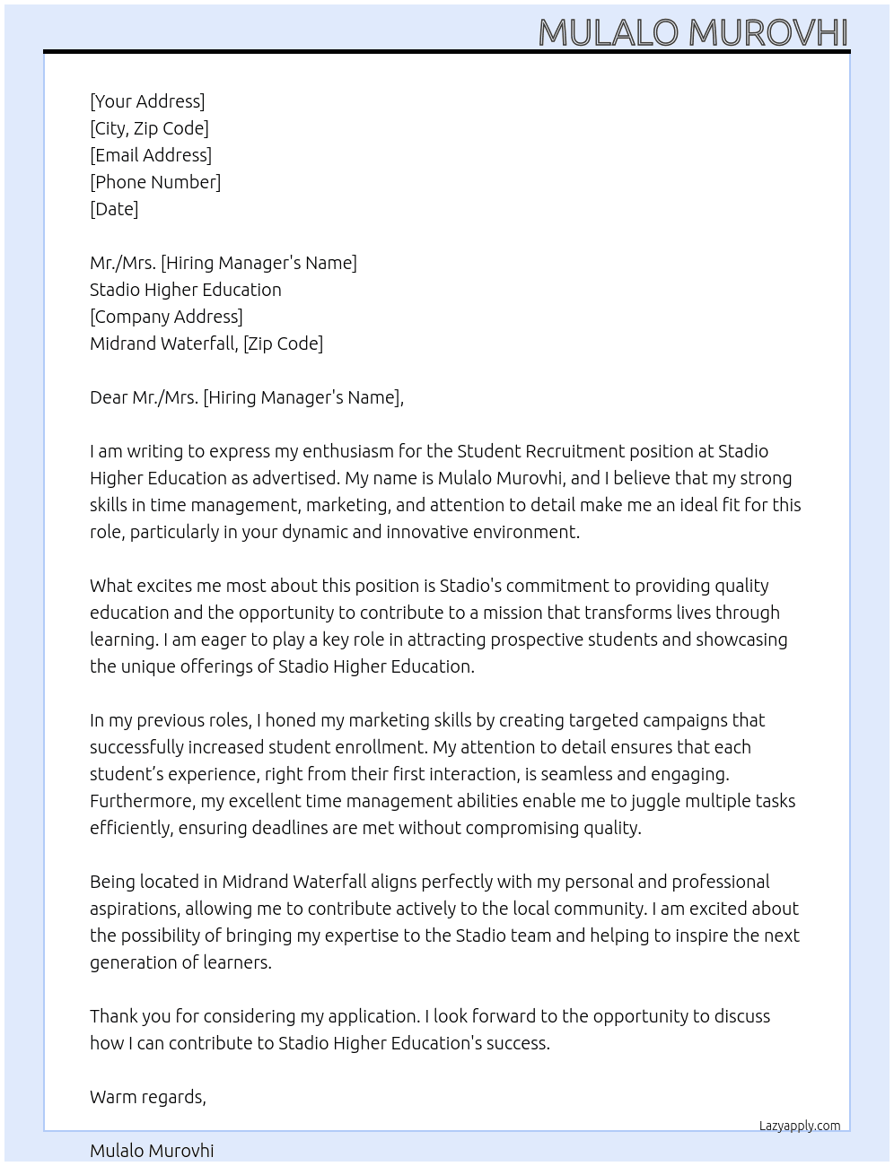 Student recruitment  At Stadio High Education  Cover Letter