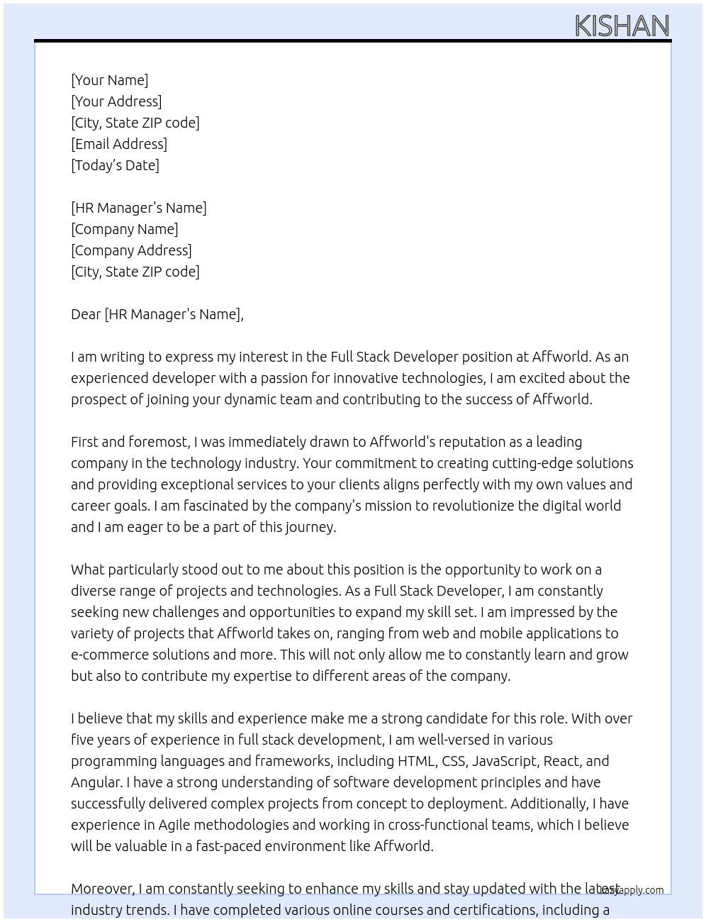 Full Stack Developer At Affworld  Cover Letter
