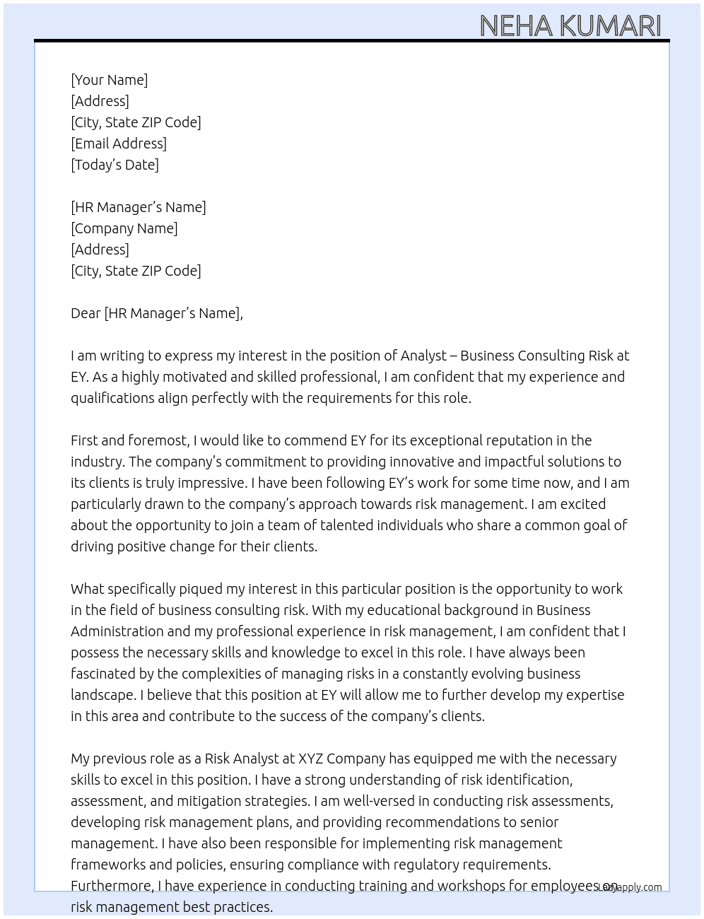 Analyst – Business Consulting Risk At EY Cover Letter