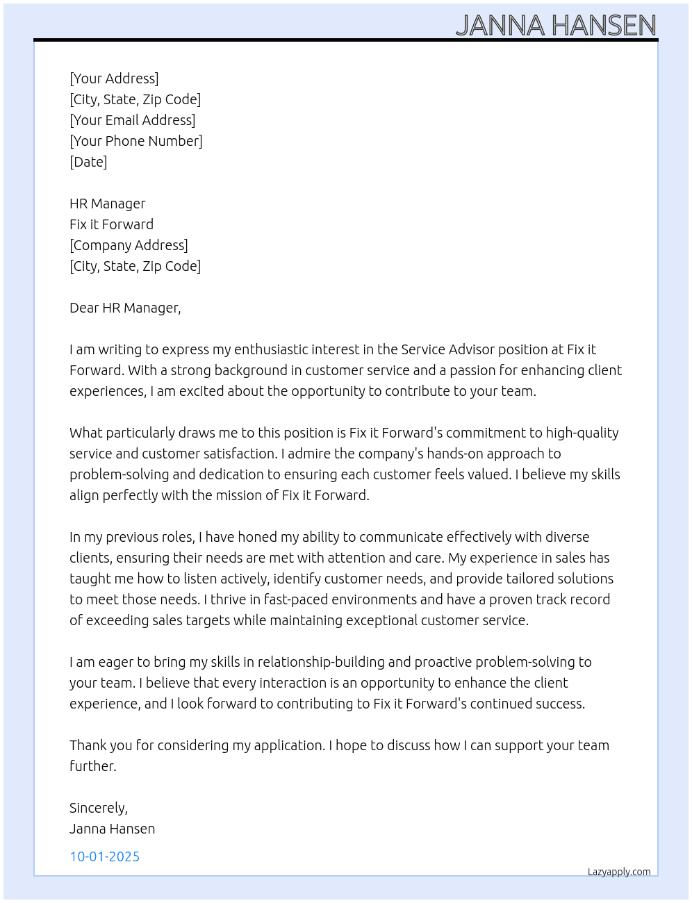 Service Advisor  At Fix it Forward  Cover Letter