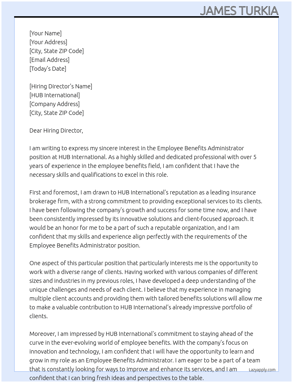 Employee Benefits Administrator At HUB International Cover Letter