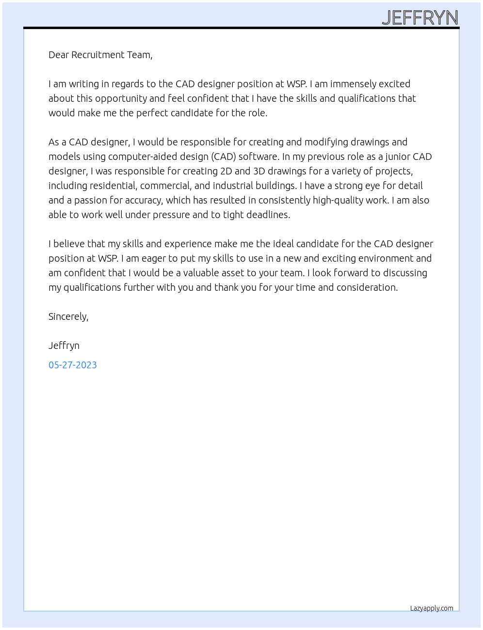 CAD designer At WSP Cover Letter