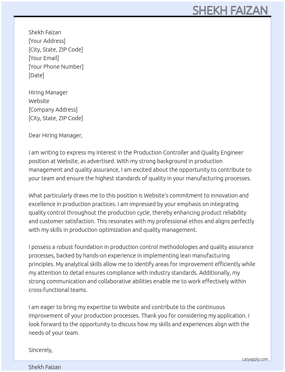 Production controller and quality engineer  At Website  Cover Letter