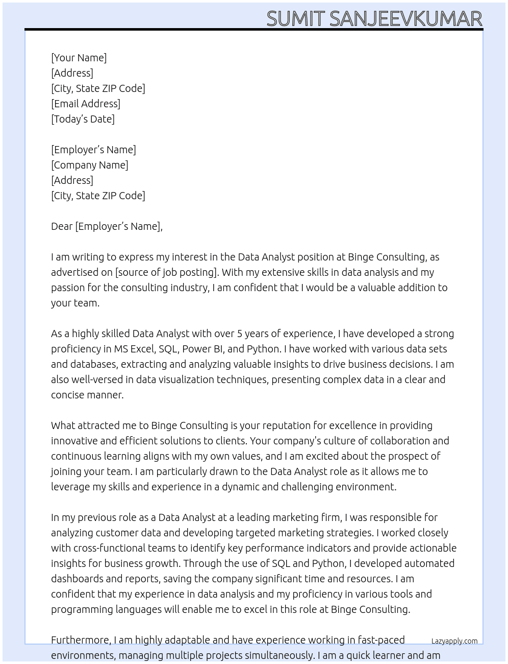 data analyst At Binge Consulting Cover Letter