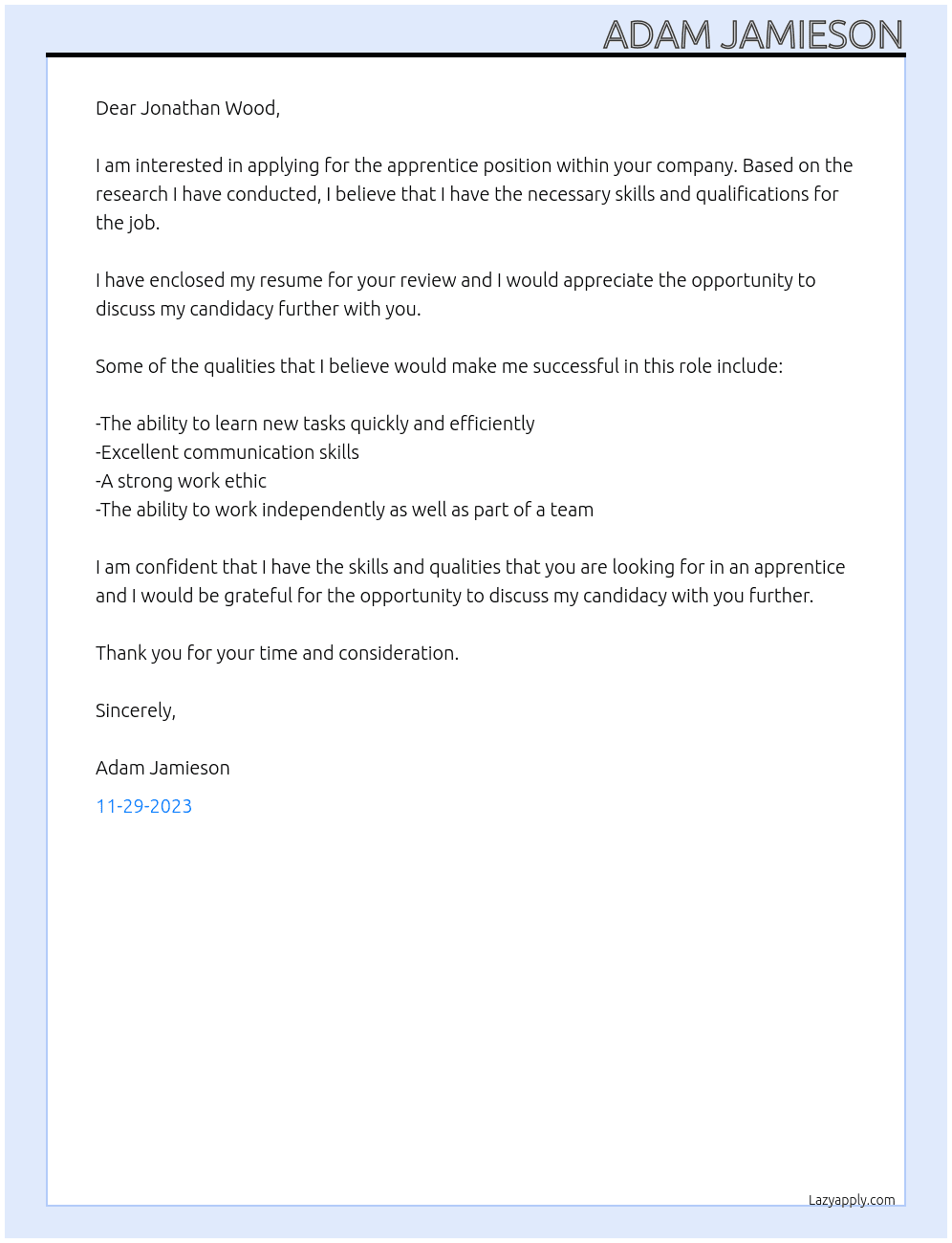 Apprentice At Jonathan Wood Cover Letter