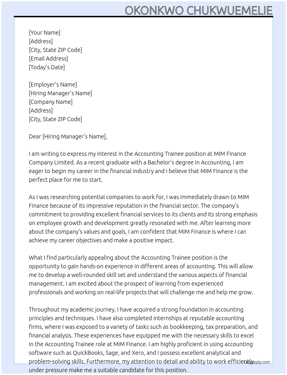 Accounting trainee At MIM finance company limited  Cover Letter