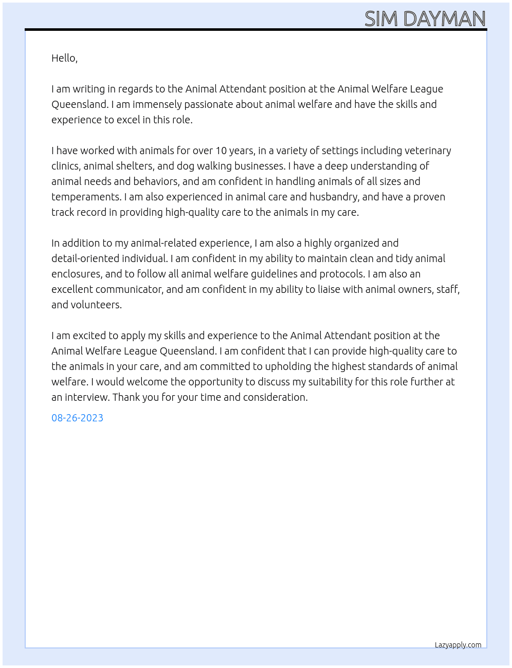 Animal Attendant At Animal Welfare League Queensland Cover Letter