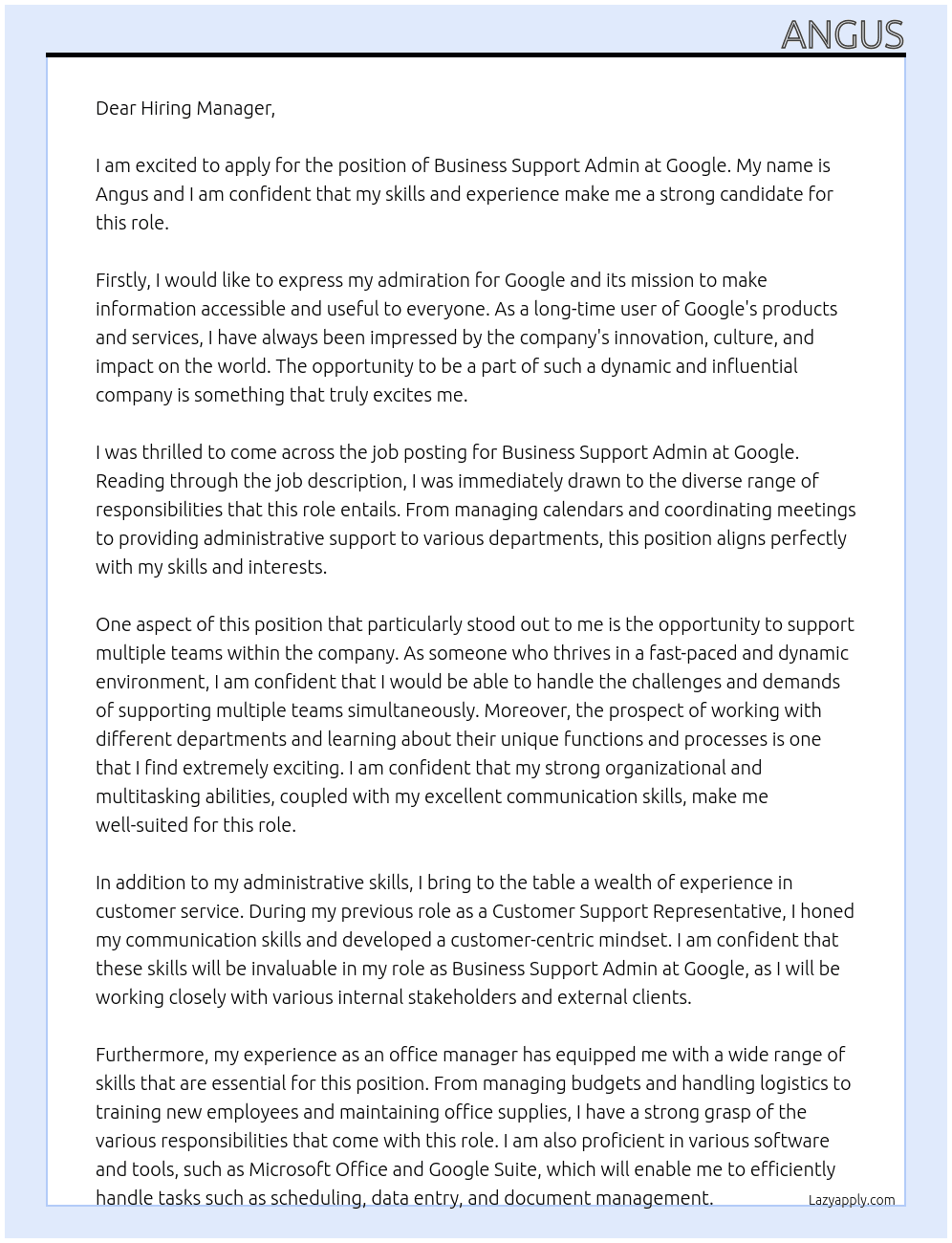 Cover letter for business support admin - LazyApply