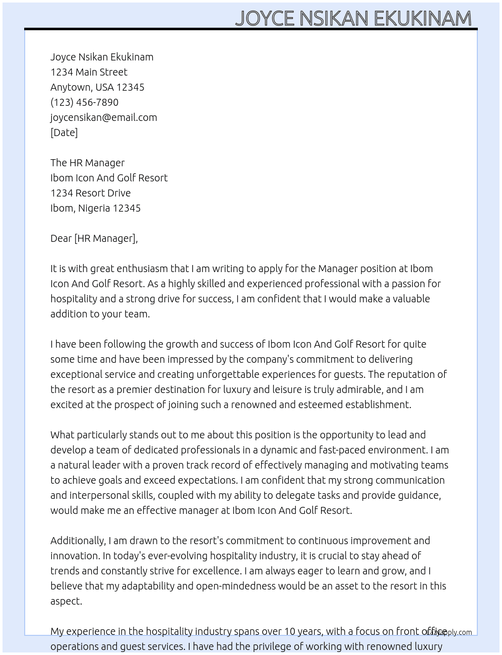 Manager  At Ibom Icon And Golf Resort  Cover Letter