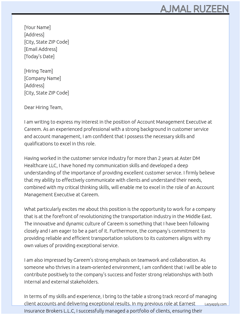 ACCOUNT MANAGEMENT EXECUTIVE At CAREEM Cover Letter