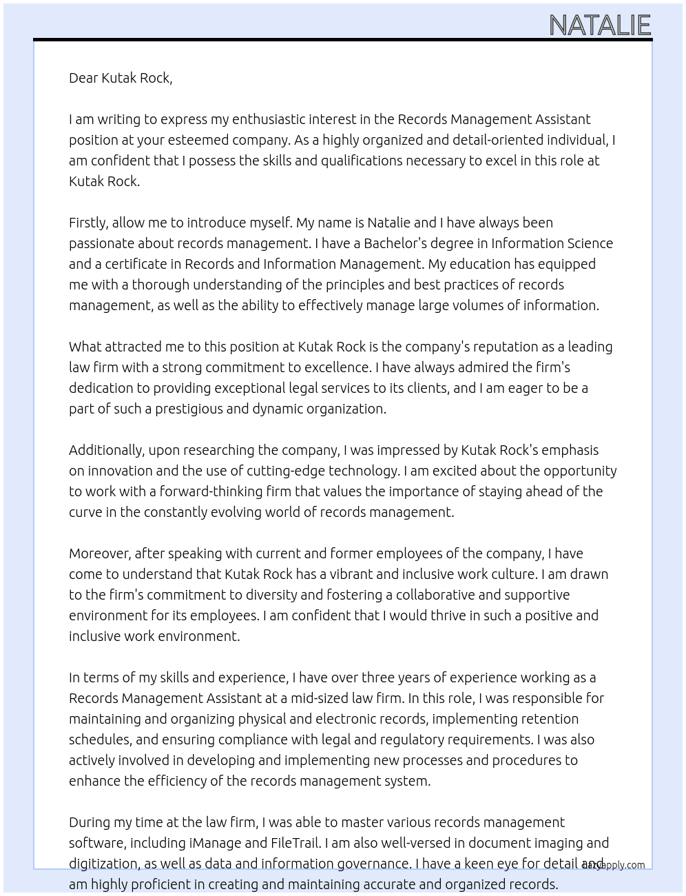 Records Management Assistant At Kutak Rock Cover Letter