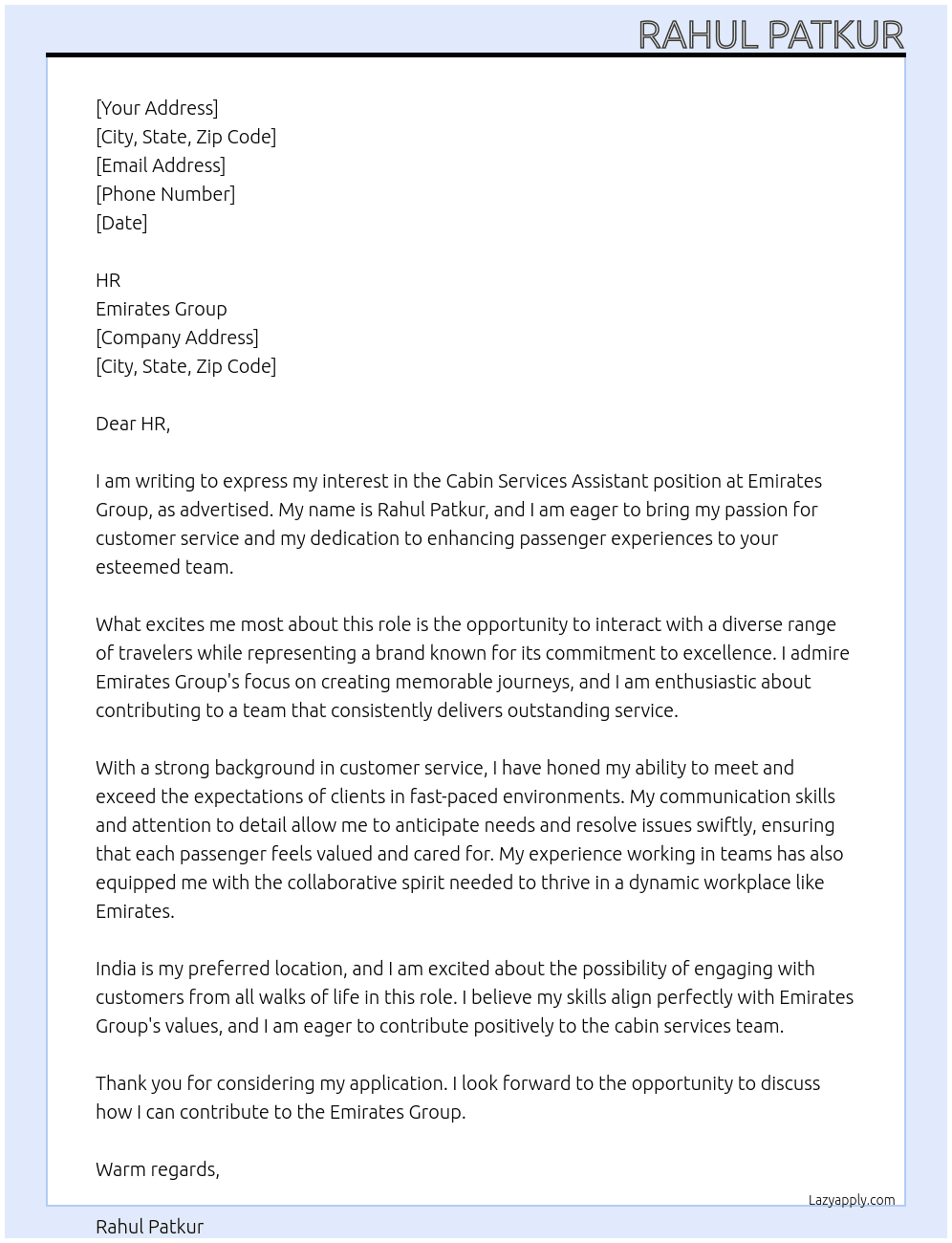 Cover letter for cabin services assistant - LazyApply