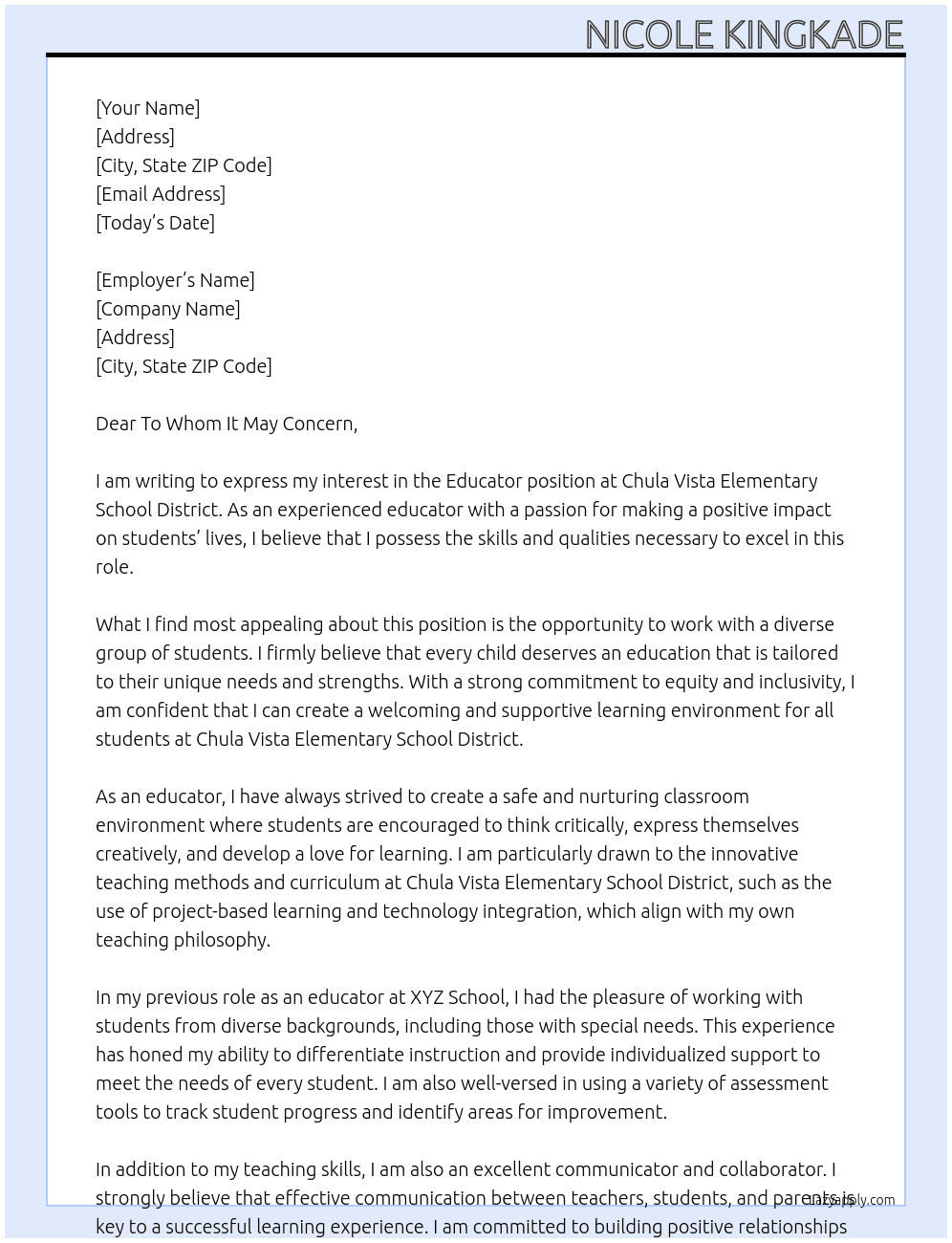 Educator At Chula Vista Elementary School District Cover Letter
