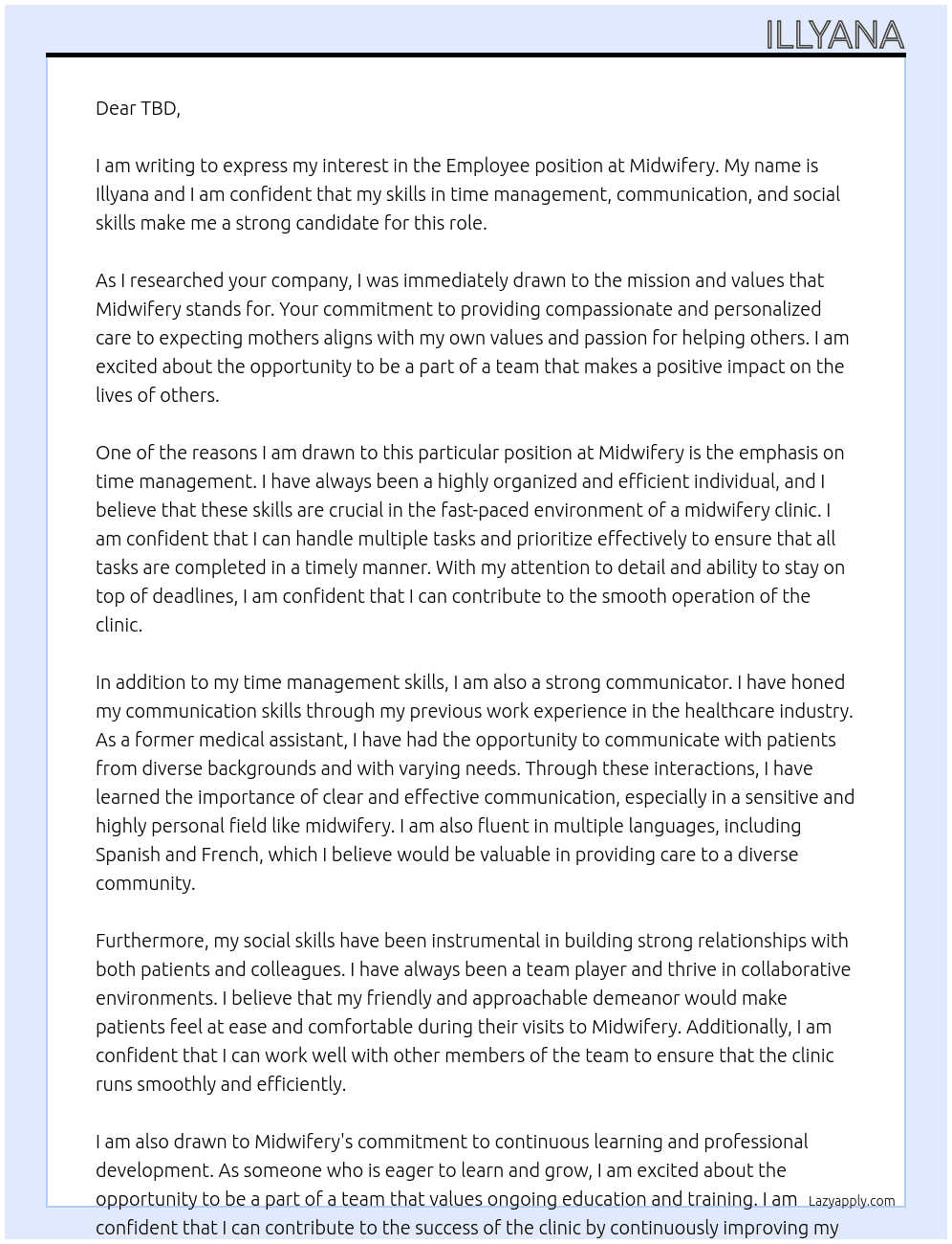 Employee At midwifery Cover Letter
