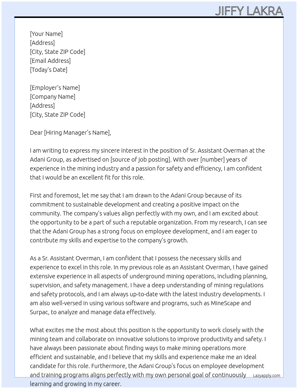 Cover letter for sr.assistant overman - LazyApply