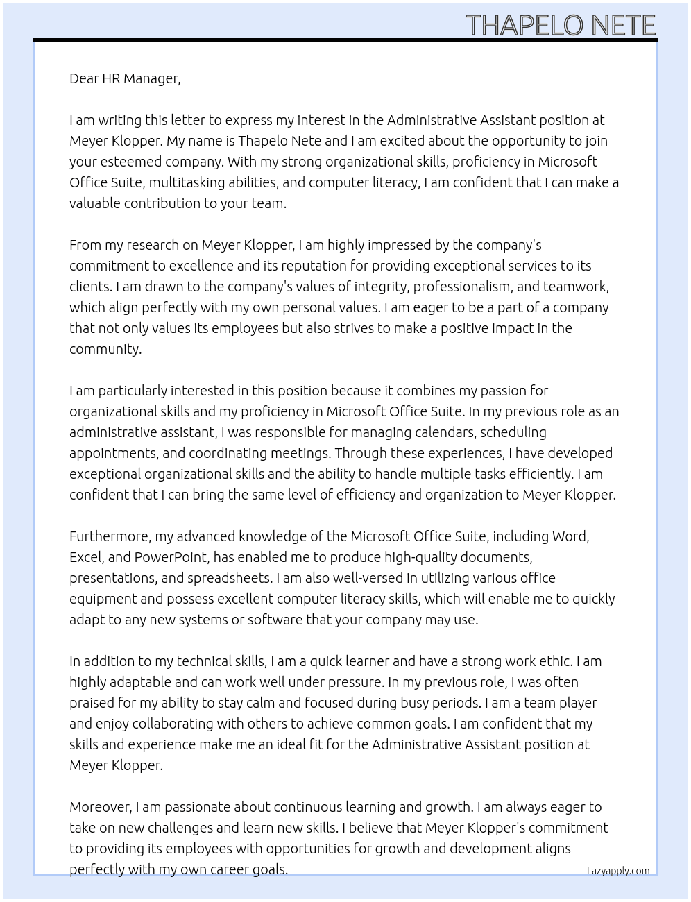 ADMINISTRATIVE ASSISTANT At MEYER KLOPPER Cover Letter