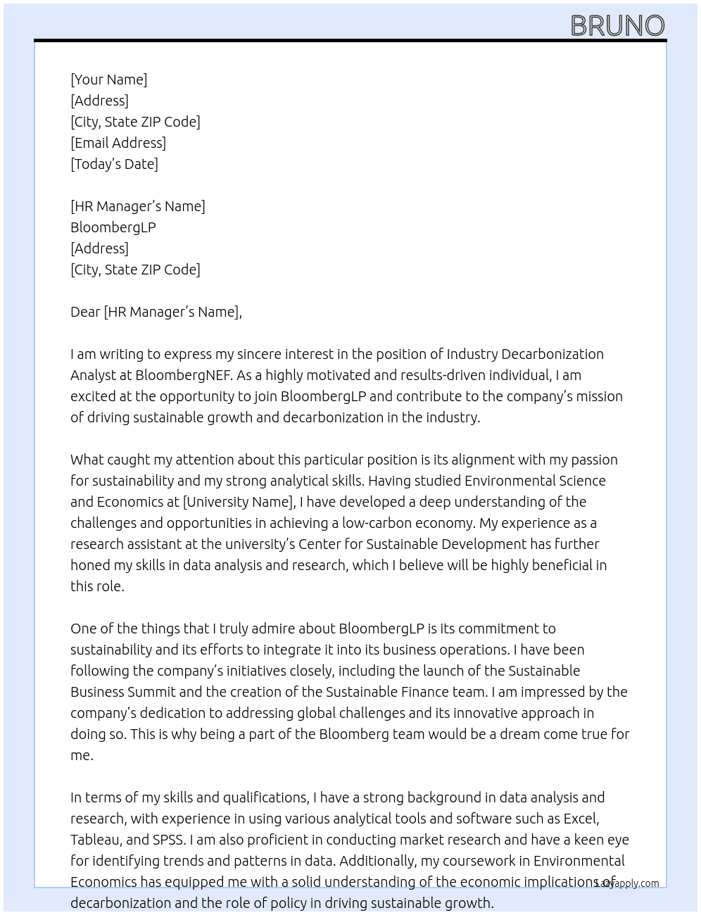BloombergNEF: Industry Decarbonization Analyst  At BloombergLP Cover Letter