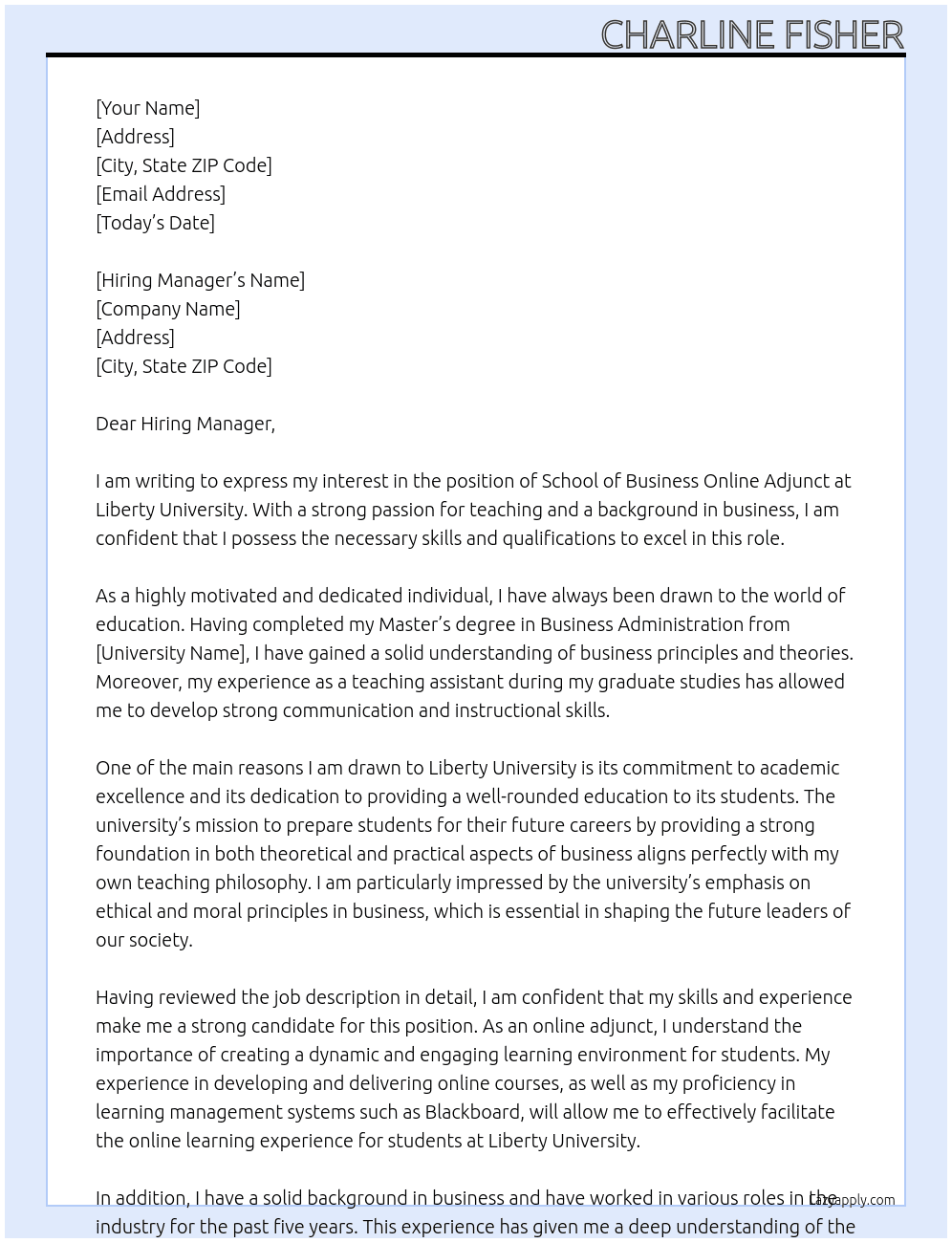 School of Business Online Adjunct At Liberty University Cover Letter
