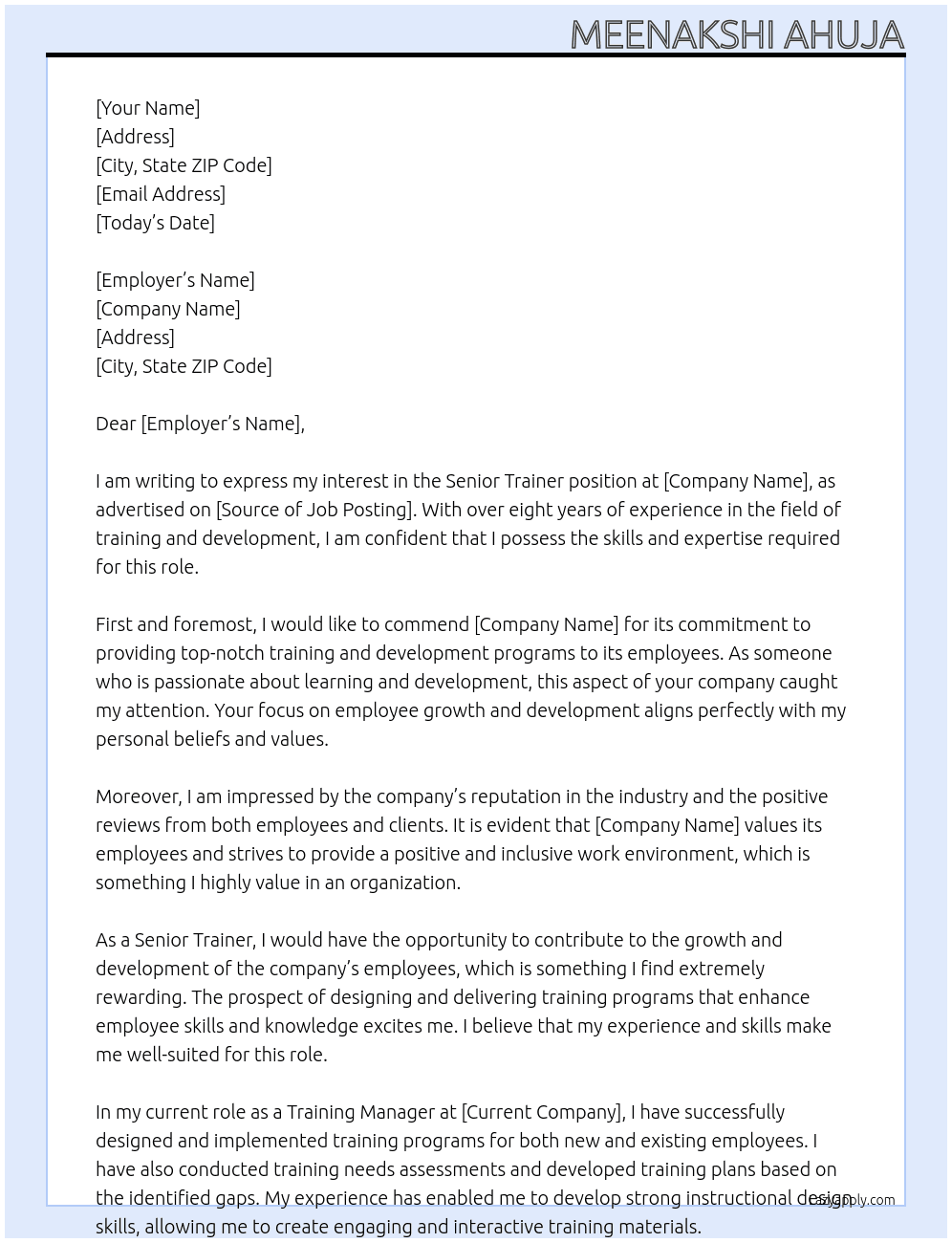 Senior Trainer At xyz Cover Letter