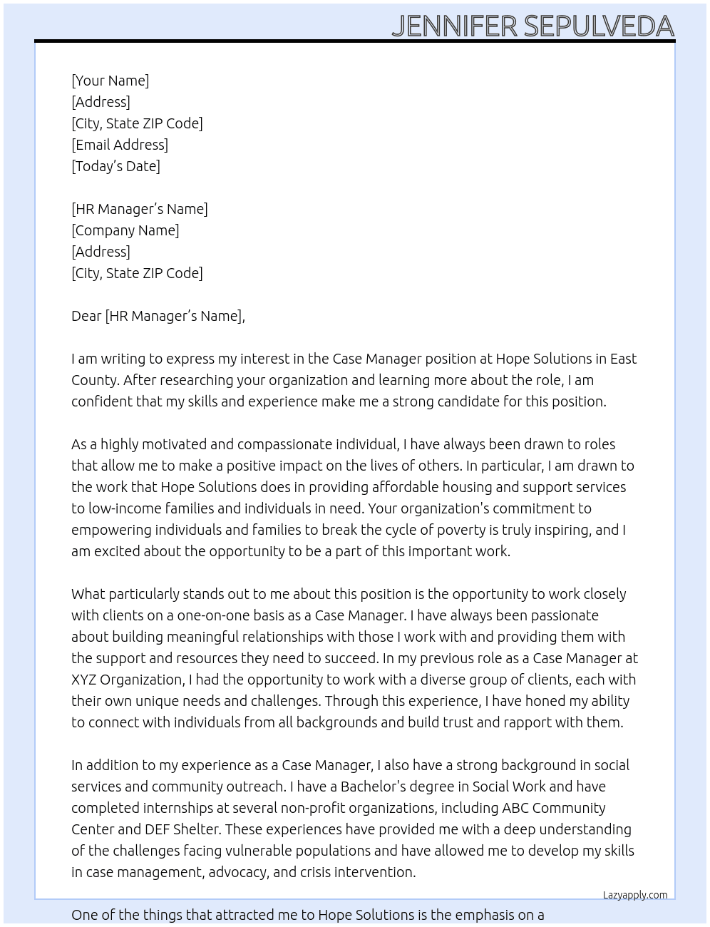 Case Manager (East County) At Hope Solutions Cover Letter