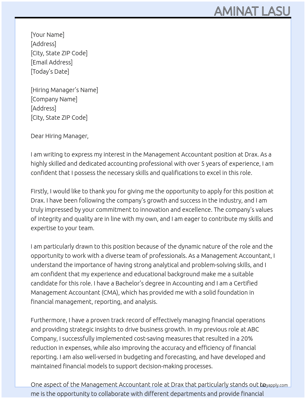 management accountant At Drax Cover Letter