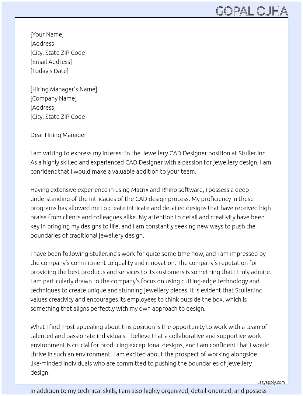 Jewellery cad Designer At Stuller.inc Cover Letter