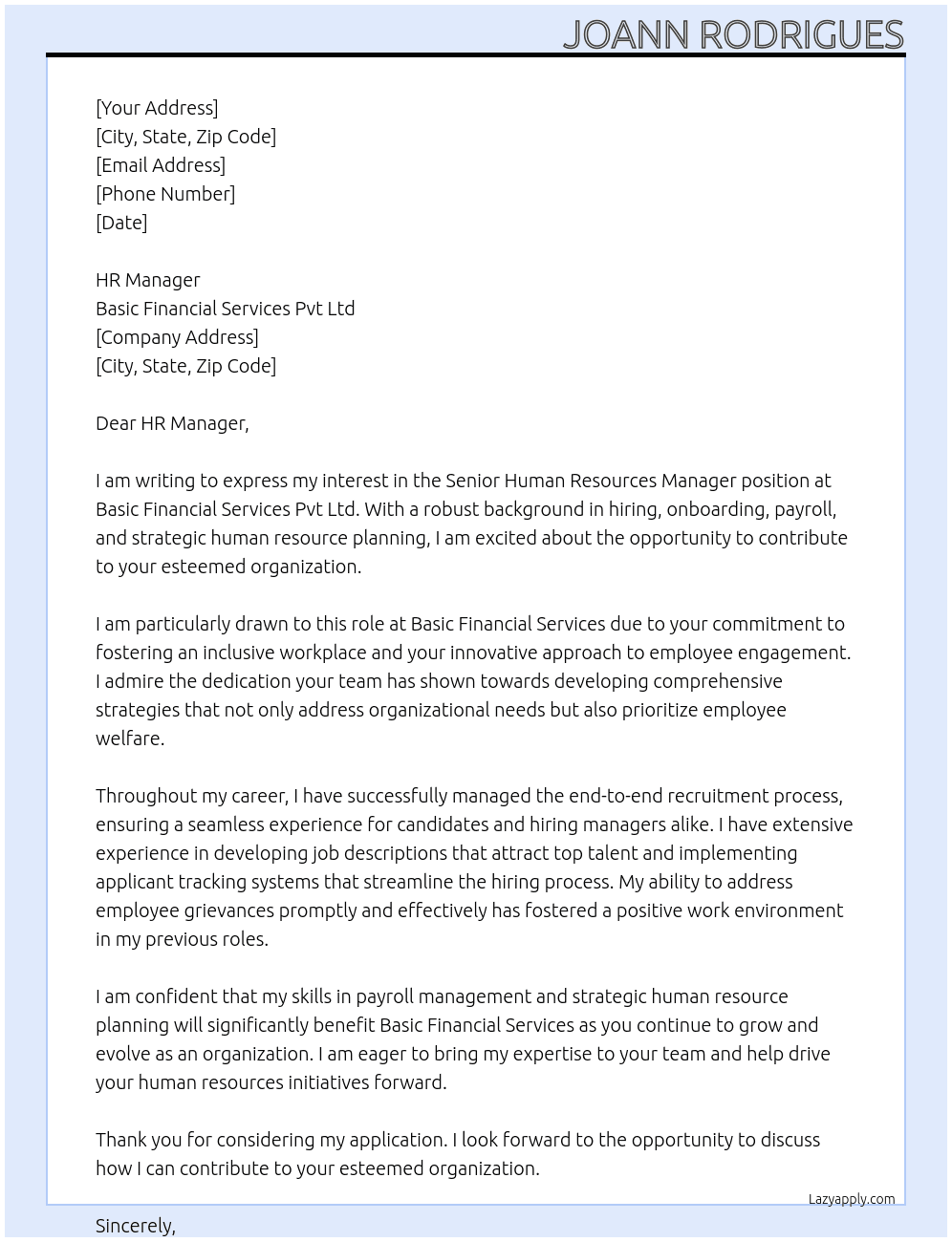 Senior Human Resources Manager At Basic Financial Sevices Pvt Ltd Cover Letter