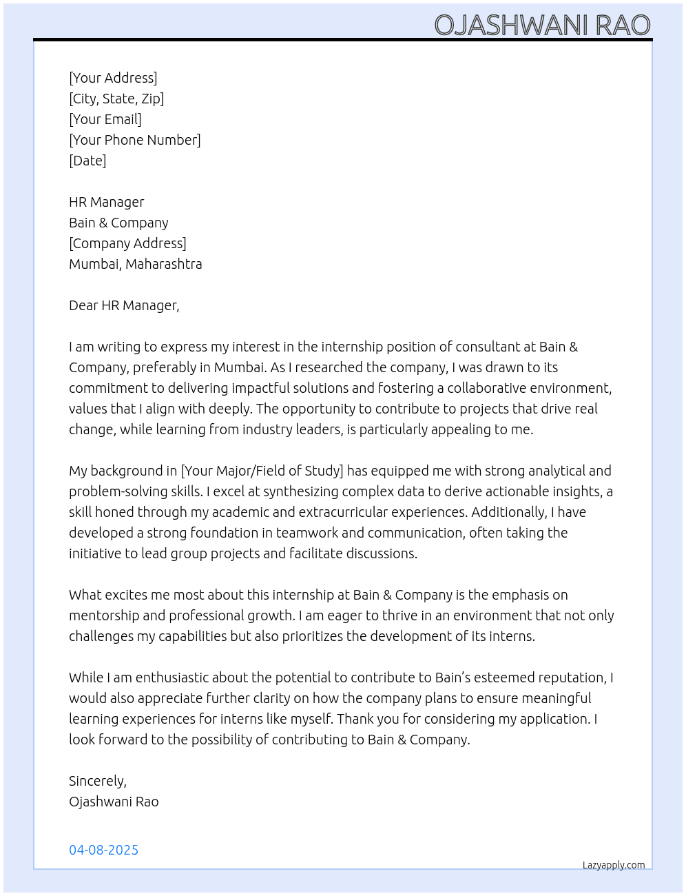 consultant At Bain & Company Cover Letter