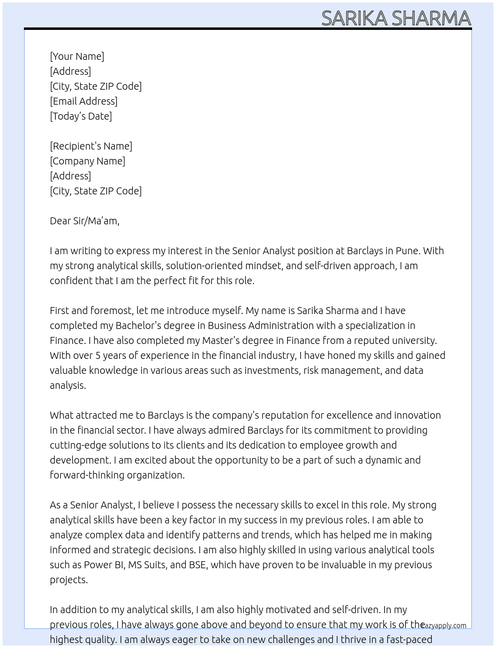 Senior Analyst At Barclays Cover Letter