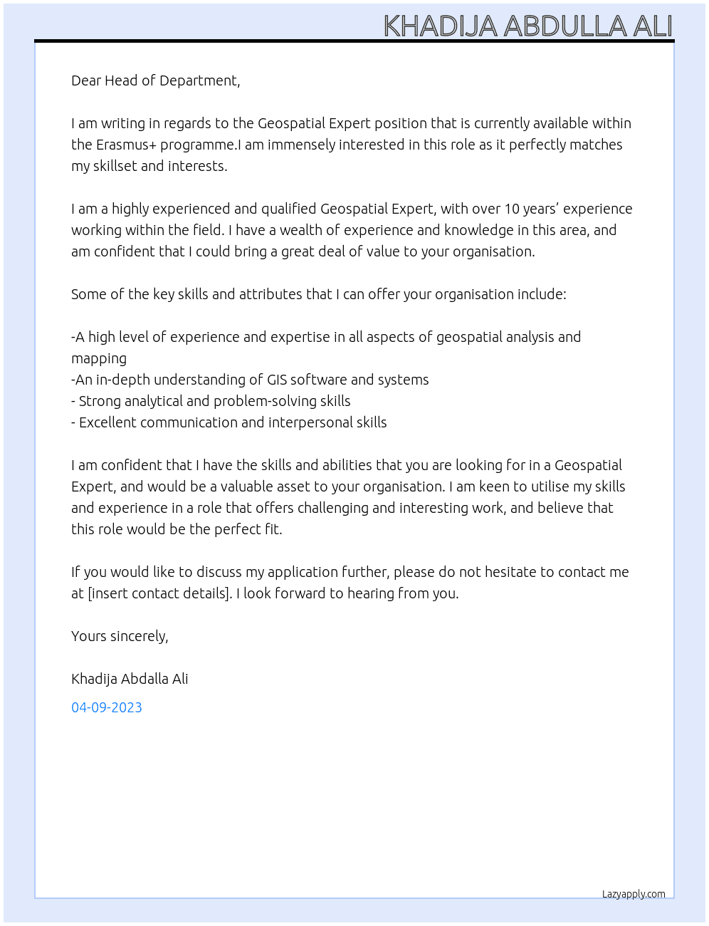 Geospatial Expert At Erasmus+ programme Cover Letter
